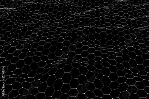 Futuristic black hexagon background. Futuristic honeycomb concept. Wave of particles. Data technology background. Vector illustration.
