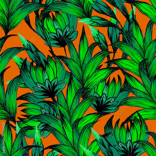 green tropical flowers and leaves drawn on an orange background