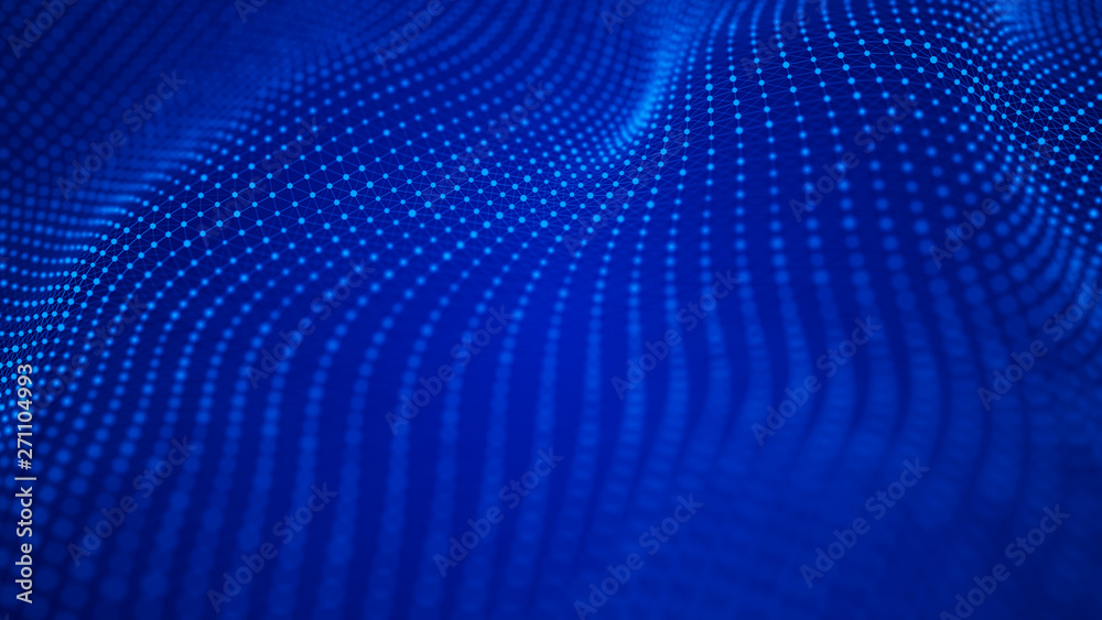 Wave 3d. Wave of particles. Abstract Blue Geometric Background. Big data visualization. Data technology abstract futuristic illustration. 3d rendering.