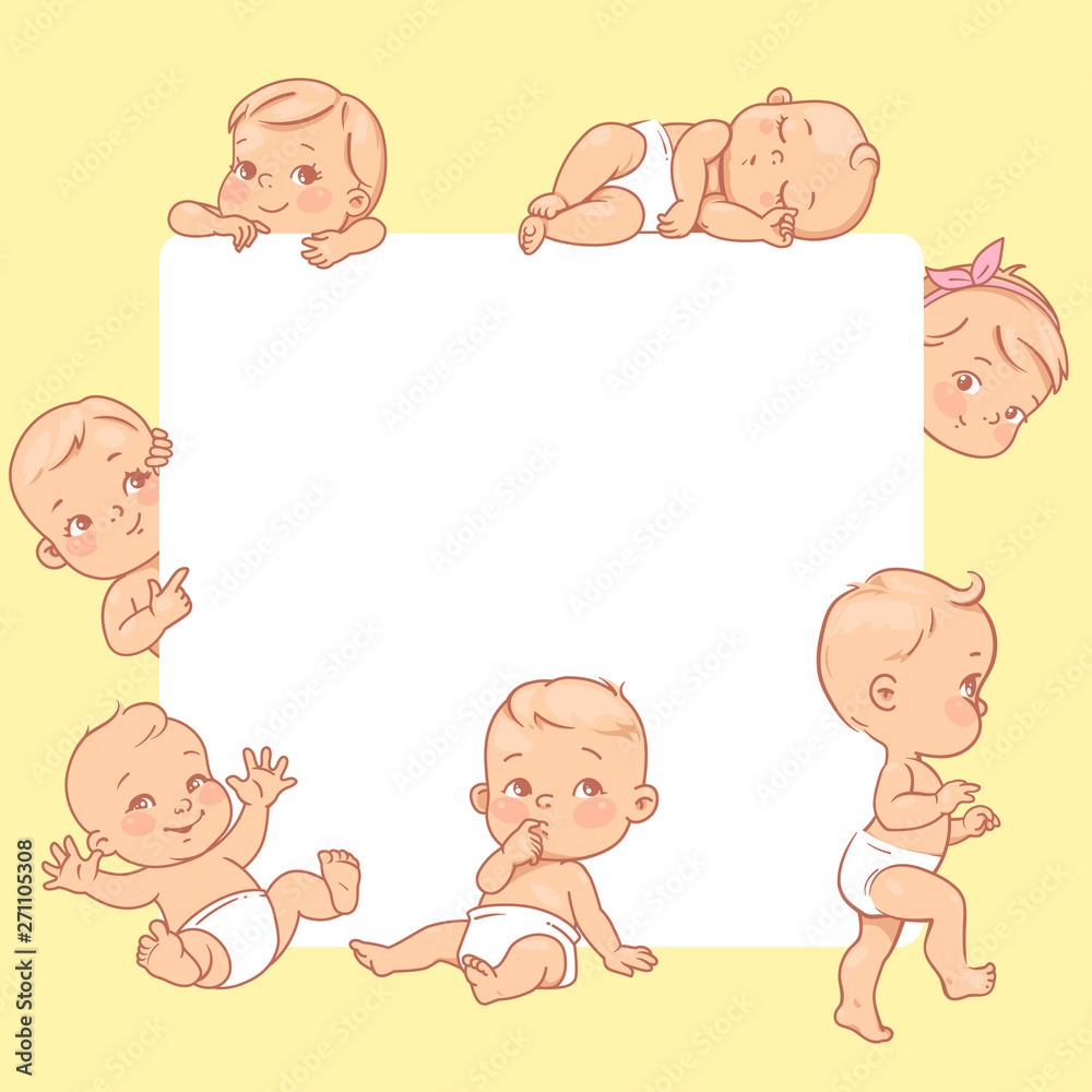 Cute little babies near blank text frame. Cute little babies near blank text frame.