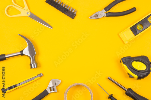 Set of various construction tools. Tools for home repair. Work at a construction site. Flatly. Flatlay.