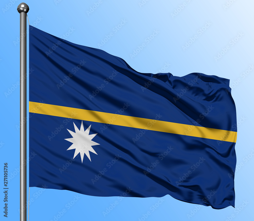 Fototapeta premium Nauru flag waving in the deep blue sky background. Isolated national flag. Macro view shot.