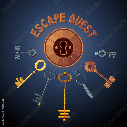 Quest game vector object. Vintage keys and lock. Escape room background. Door emblem.