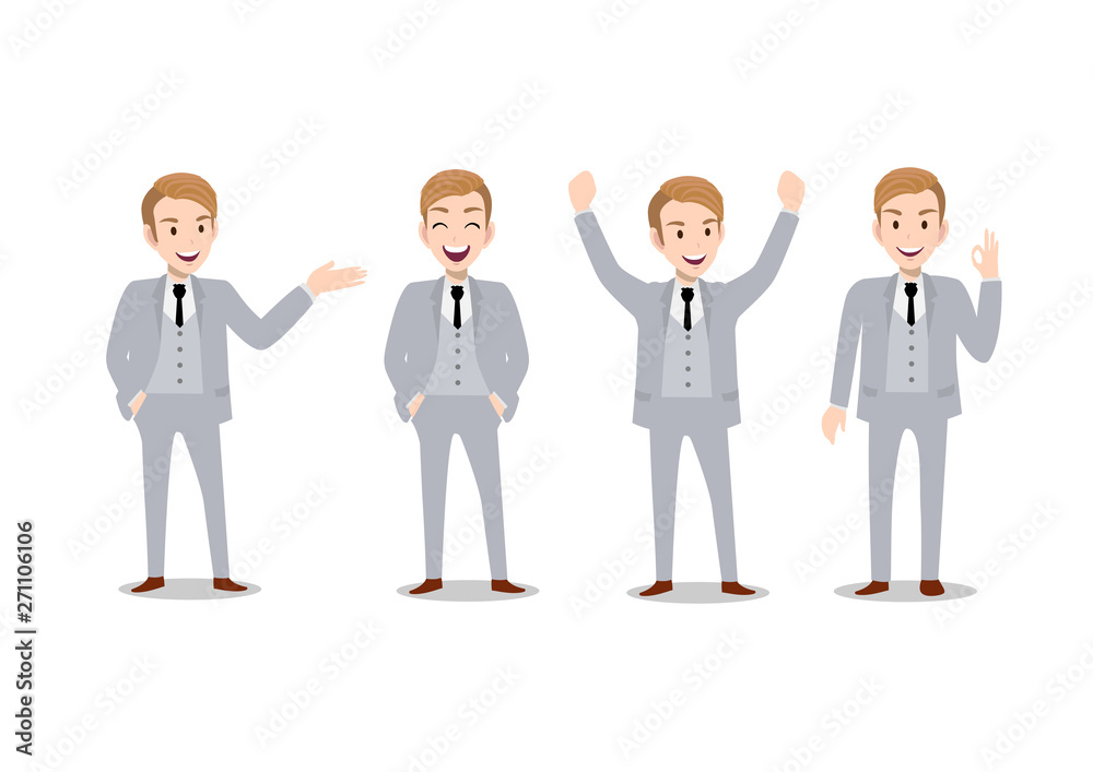 Businessman cartoon character, set of four poses. Handsome business man in office style smart suit . Vector illustration Businessman cartoon character, set of four poses. Handsome business man in office style smart suit . Vector illustration
