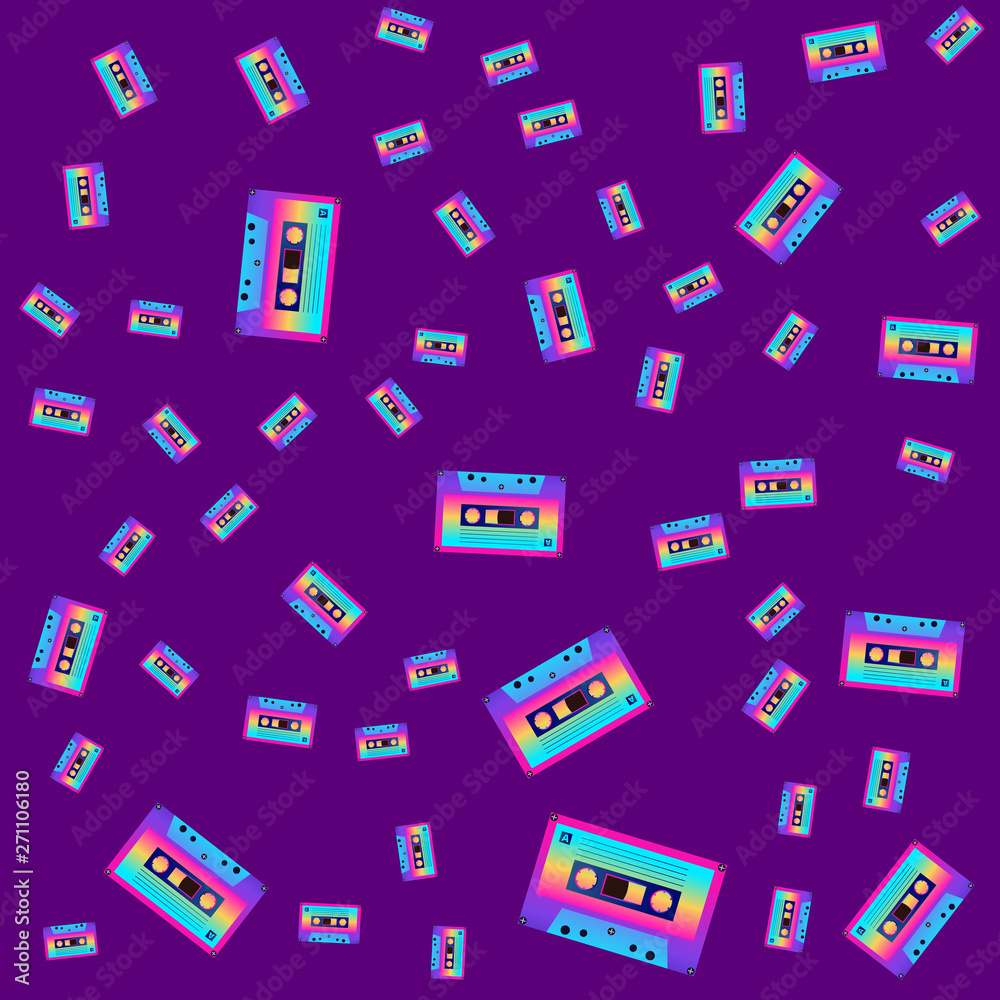 Audio cassette. 80s theme seamless pattern - Vector