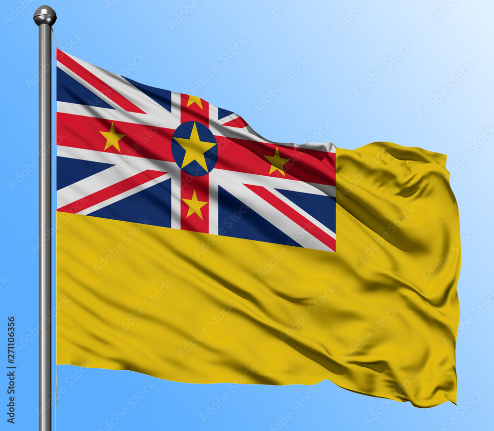 Niue flag waving in the deep blue sky background. Isolated national flag. Macro view shot. Niue flag waving in the deep blue sky background. Isolated national flag. Macro view shot.