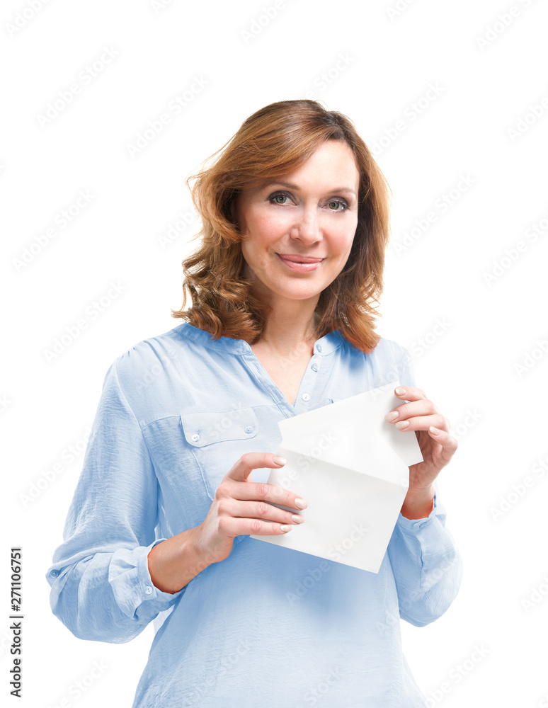 Friendly smiling middle-aged woman isolated on white background Friendly smiling middle-aged woman isolated on white background