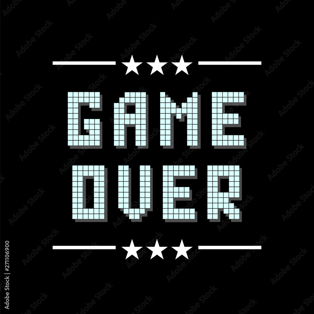 Retro Pixel Game Over Sign with Stars on Black Background. Gaming Concept. Video Game Screen. Retro Pixel Game Over Sign with Stars on Black Background. Gaming Concept. Video Game Screen.