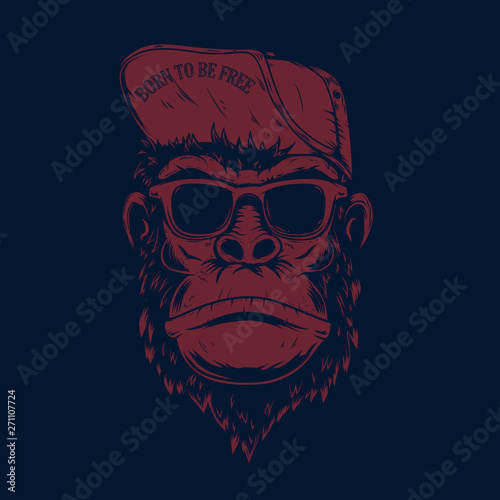 Canvas Print Illustration of monkey in baseball cap and sunglasses