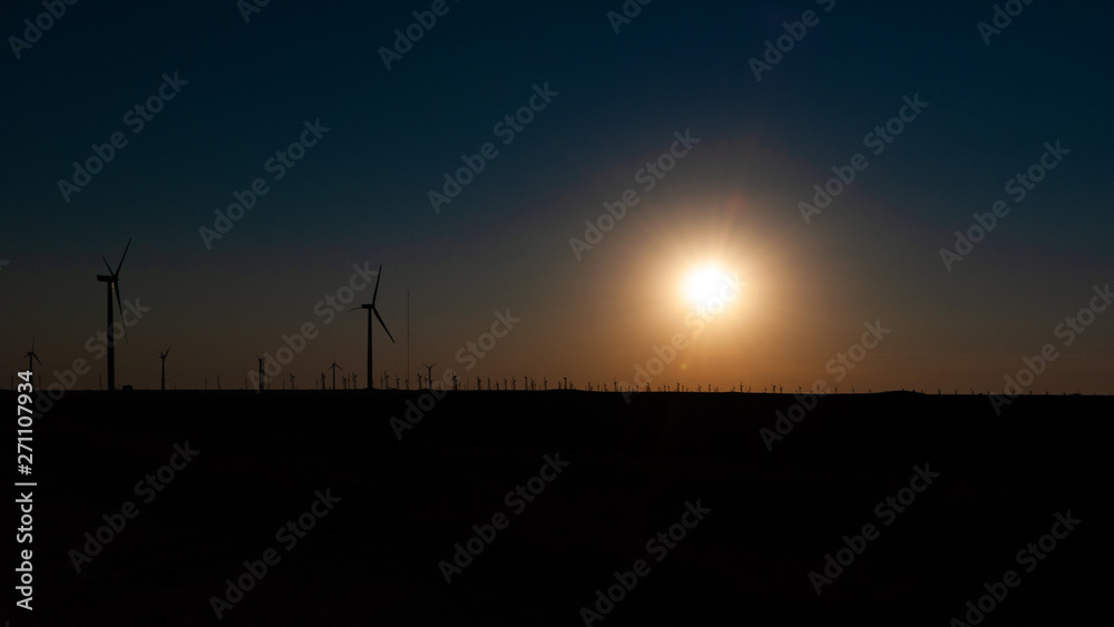 Wind generators to the horizon at sunset