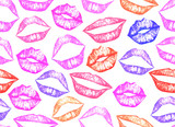 Pink watercolor lips seamless pattern Hand made illustration. Half-open lips