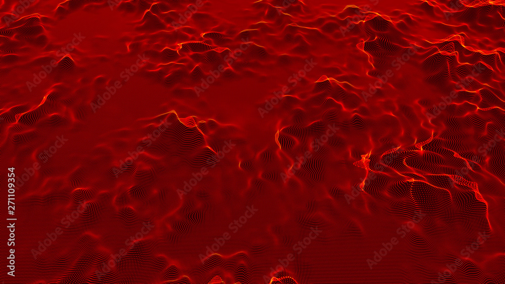 Wave 3d. Wave of particles. Futuristic red dots background with a dynamic wave. Big data visualization. 3d rendering.