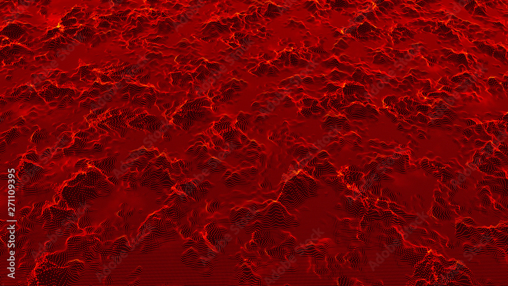 Wave 3d. Wave of particles. Futuristic red dots background with a dynamic wave. Big data visualization. 3d rendering.