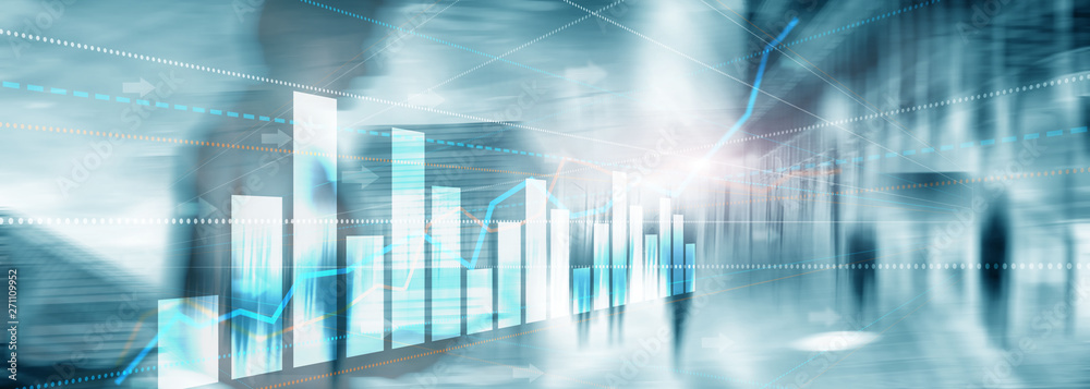 Silhouettes of people on city background for financial investment or Economic trends business idea and art work design. Abstract Double exposure Universal background.