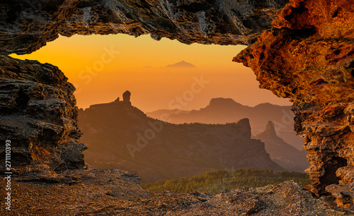 View from natural rock cave at Roque Nublo, Roque Bentaiga-Gran Canaria, Spain