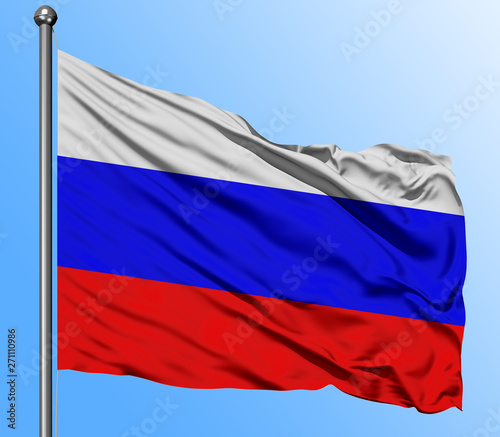 Russia flag waving in the deep blue sky background. Isolated national flag. Macro view shot.