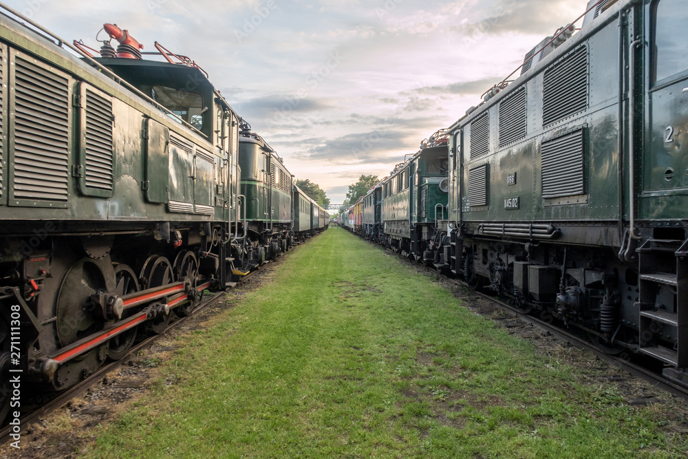 Naklejka premium old and wrecked trains in a row
