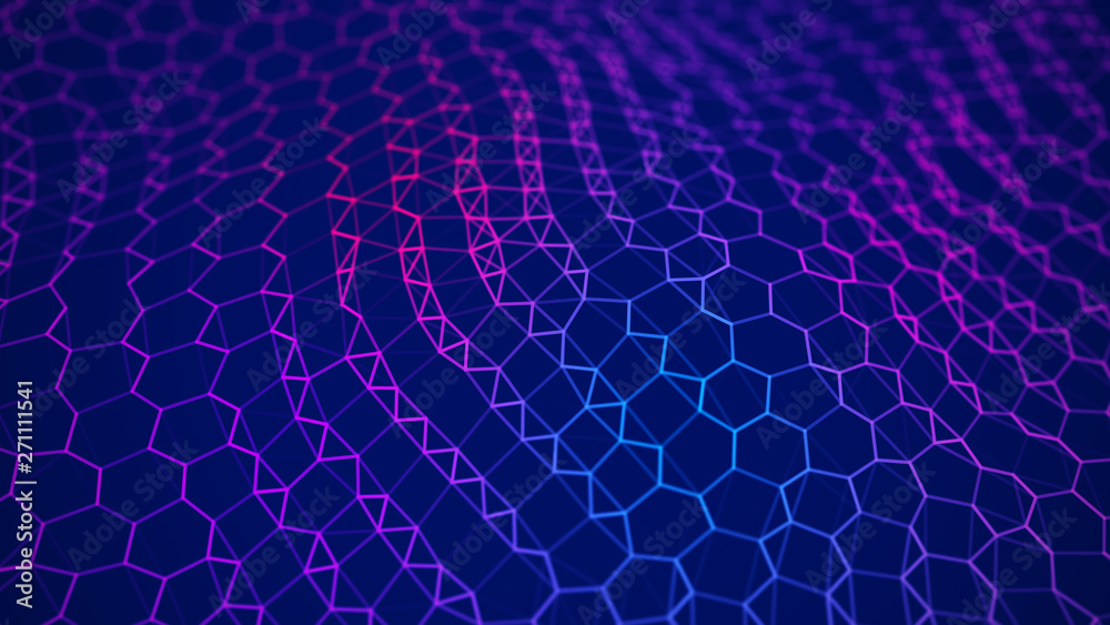 Futuristic blue hexagon background. Futuristic honeycomb concept. Wave of particles. 3D rendering. Data technology background Futuristic blue hexagon background. Futuristic honeycomb concept. Wave of particles. 3D rendering. Data technology background