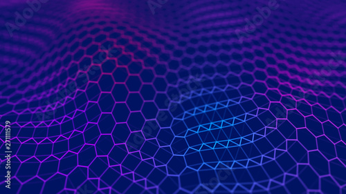 Futuristic blue hexagon background. Futuristic honeycomb concept. Wave of particles. 3D rendering. Data technology background © Vadym