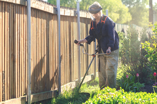 Woman mowing the lawn with brush cutter. Garden, backyard photo