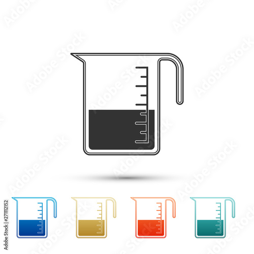 Measuring cup to measure dry and liquid food icon isolated on white background. Plastic graduated beaker with handle. Color set icons. Vector Illustration