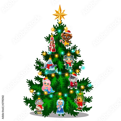 Green Christmas tree with colorful painted figurines of characters from famous fairy tales isolated on white background. Sample of poster, party holiday invitation, festive card. Vector cartoon.