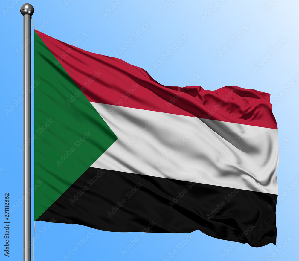 Sudan flag waving in the deep blue sky background. Isolated national flag. Macro view shot. Sudan flag waving in the deep blue sky background. Isolated national flag. Macro view shot.