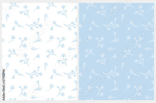 Cute Hand Drawn Floral Vector Patterns. Light Blue and White Floral Repeatable Design for Fabric, Wrapping Paper, Cover, Printining. Pastel Blue and White Background. 