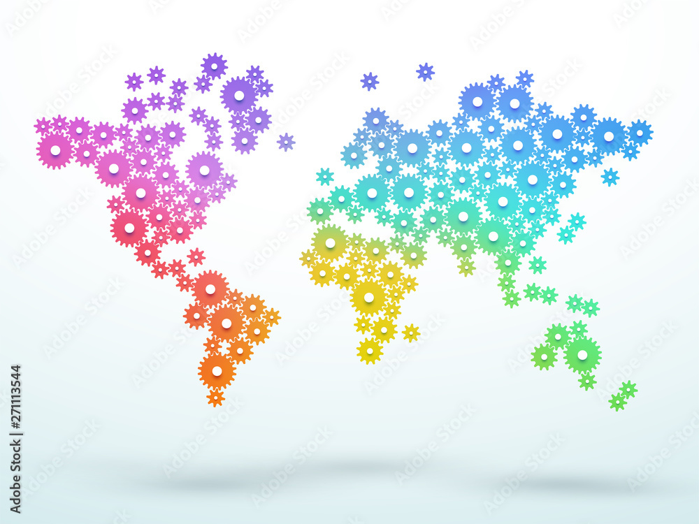 World Map Colorful Gradient Cogs Linking Vector