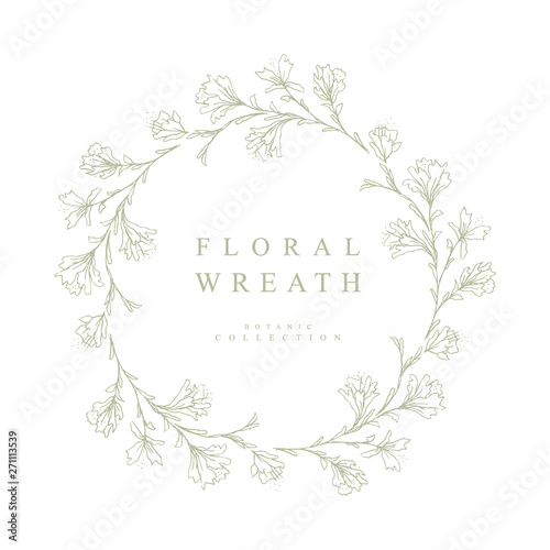 Lovely Hand Drawn Green Twigs. Round Shape Floral Vector Garland. White Background. Retro Style. Delicate Green Sketched Floral Wreath. Frame Made of Flowers Isolated on White.