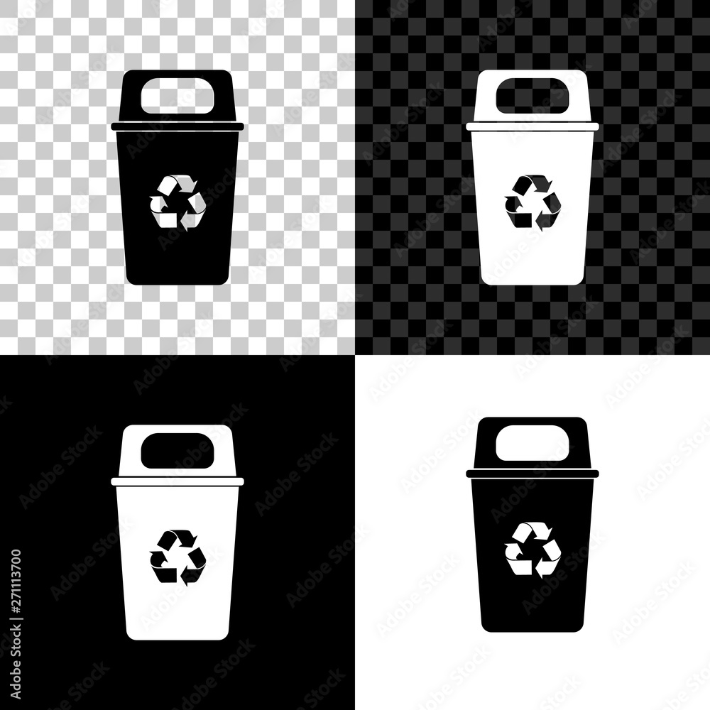 Recycle bin with recycle symbol icon isolated on black, white and transparent background. Trash can icon. Garbage bin sign. Recycle basket sign. Vector Illustration