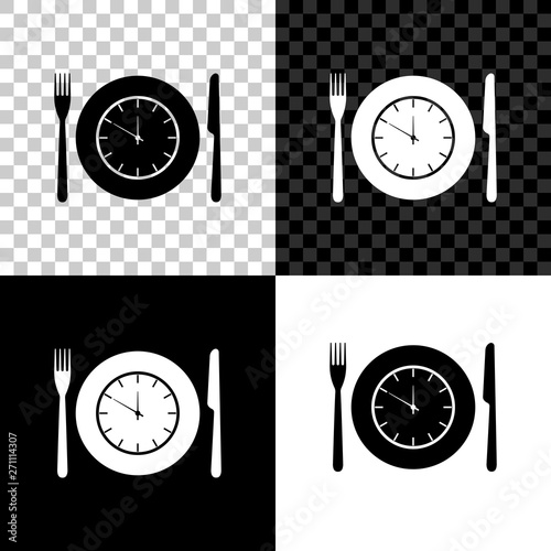 Plate with clock, fork and knife icon isolated on black, white and transparent background. Lunch time. Eating, nutrition regime, meal time and diet concept. Vector Illustration