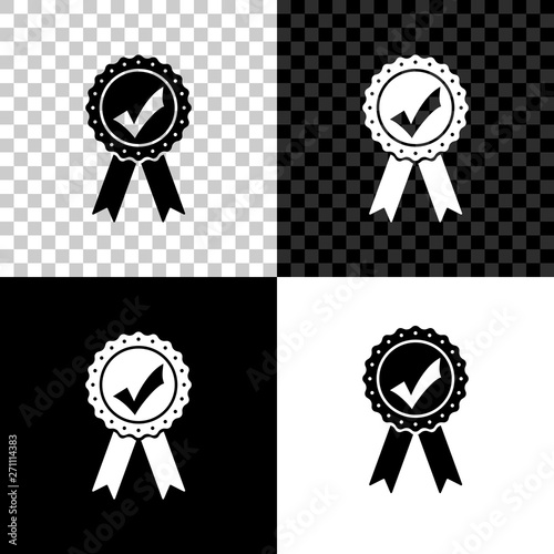 Approved or certified medal with ribbons and check mark icon isolated on black, white and transparent background. Vector Illustration