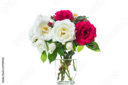bouquet of beautiful red and white roses on a white