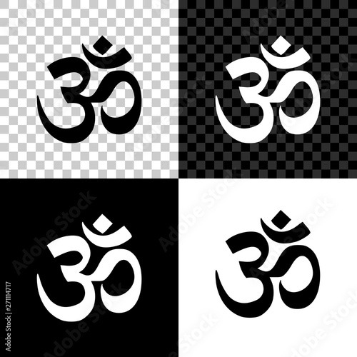 Om or Aum Indian sacred sound icon on black, white and transparent background. Symbol of Buddhism and Hinduism religion. The symbol of the divine triad of Brahma, Vishnu and Shiva. Vector Illustration