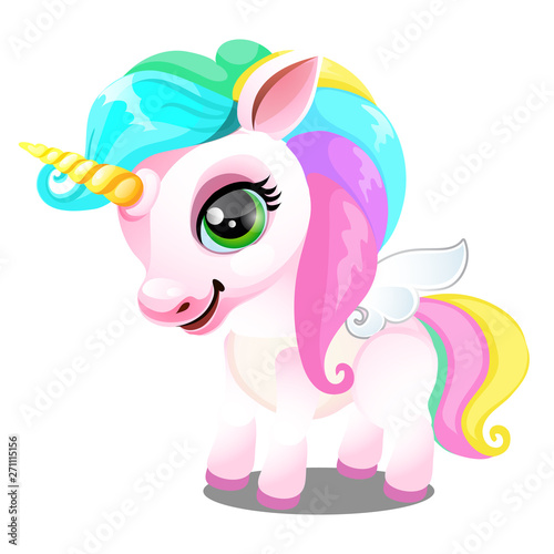 Cute unicorn pony with mane colors of rainbow isolated on white background. As a symbol of tolerance. Sample of poster, party holiday invitation, festive card. Vector cartoon close-up illustration.