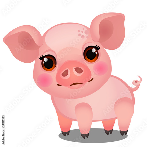 Little animated pig isolated on white background. Sample of poster, party holiday invitation, festive banner, card. Vector cartoon close-up illustration.