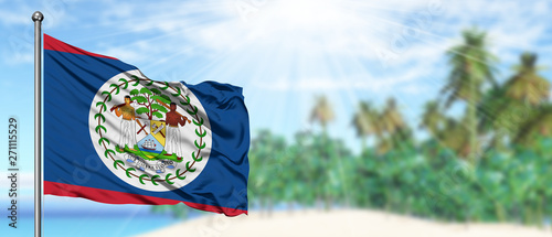 Waving Belize flag in the sunny blue sky with summer beach background. Vacation theme, holiday concept.