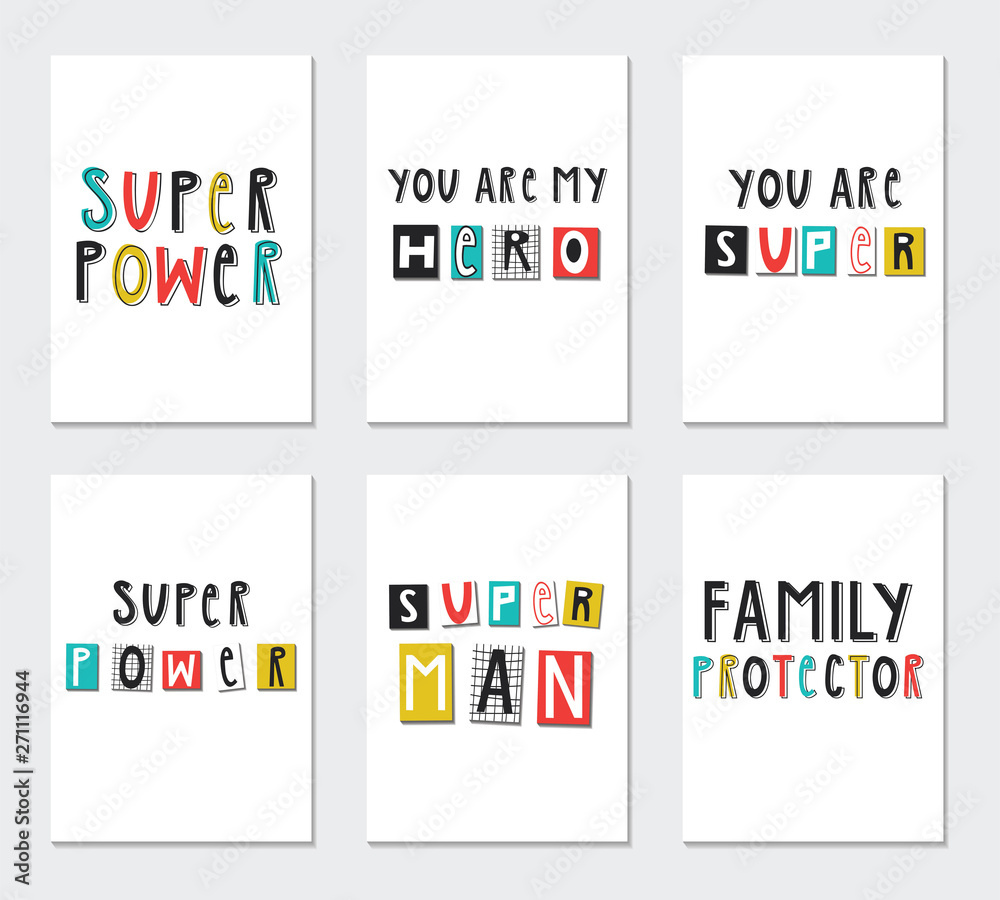 Super Hero - collection of nursery posters with cute and fun hand drawn lettering. Vector illustration