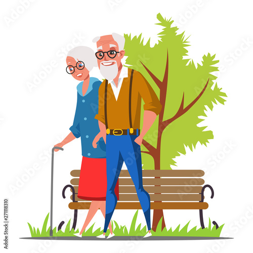 Elderly couple walk in park flat vector illustration