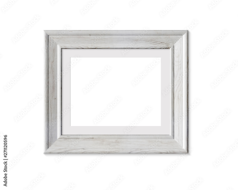 4x5 landscape horizontal old wooden frame mockup. Realisitc painted white wood sign.  Framing mat with wide borders.Isolated picture frame mock up template on white background. 3D render.