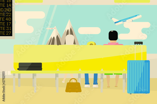 A family of three sits in the waiting room at the airport with unoccupied seats and baggage from the suitcase and bag. Outside the window, the plane takes off. Vector illustration.