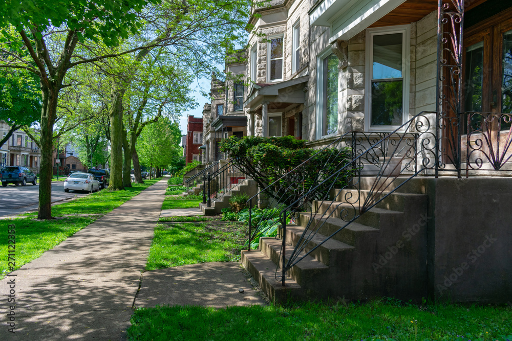 Row of Old Homes in Logan Square Chicago with Stairs