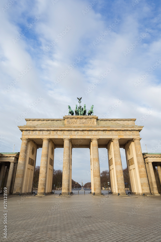 Front view of the famous neoclassical Brandenburg Gate (Brandenburger Tor) in Berlin, Germany, on a sunny day. Copy space.