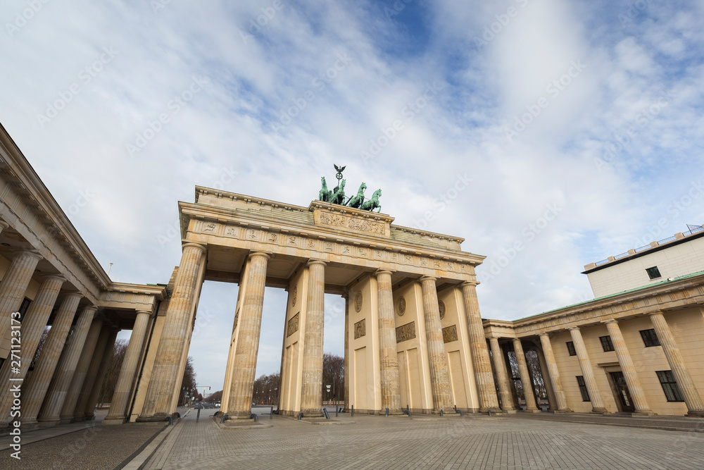 Famous neoclassical Brandenburg Gate (Brandenburger Tor) in Berlin, Germany. Copy space.
