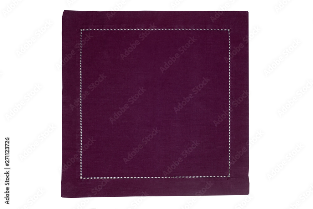 Closeup of a violet napkin or tablecloth isolated on white background. Kitchen accessories. Closeup of a violet napkin or tablecloth isolated on white background. Kitchen accessories.