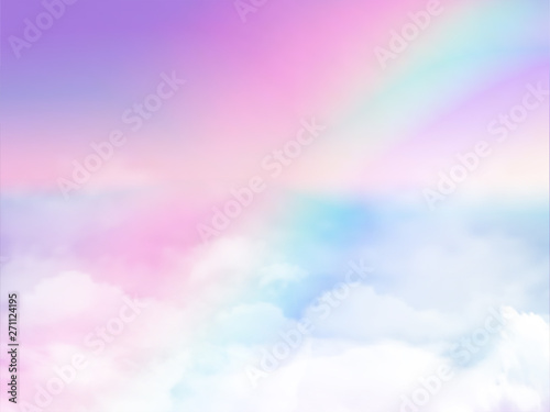 fantasy magical landscape rainbow on sky abstract big volume texture fluffy clouds shine close up view straight