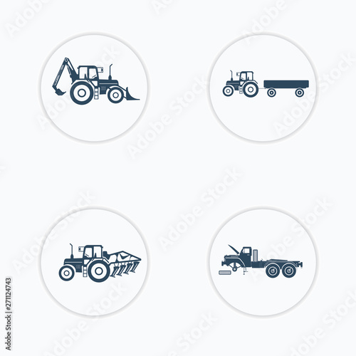 Tractor, truck icons set with higher lift, tiller