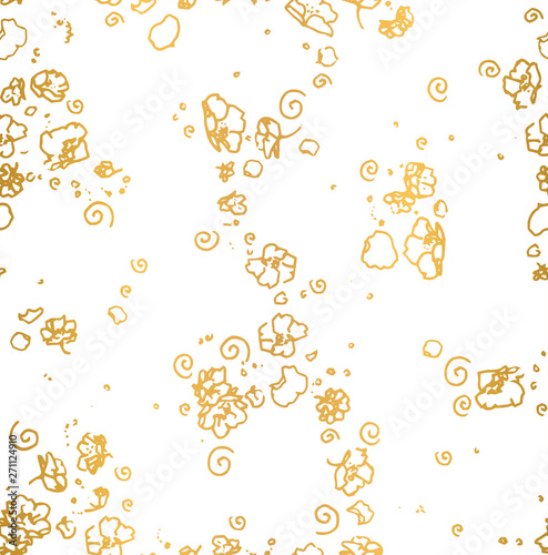Flowing  scattered golden cherry flowers  very soft  elegant and delicate. Hand drawn floral botanical background in gold foil on white for fashion  textile  wrapping paper and wallpapers.