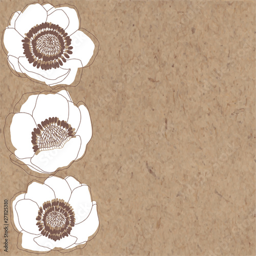 Floral vector background with anemone flowers and place for text on kraft paper. Invitation  greeting card or an element for your design. Vertical composition.